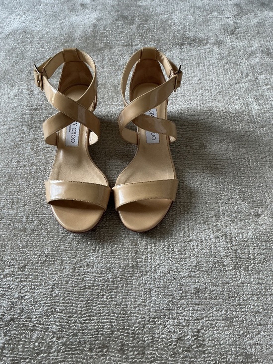 Jimmy Choo Shoes - JIMMY CHOOSE Chiara Patent Leather Beige Nude Low Wedge Sandal Size 36.6/6.5